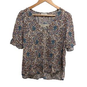 Lucky Brand Floral Paisley Ruffle Hem V Neck Women's Blouse Size Lace